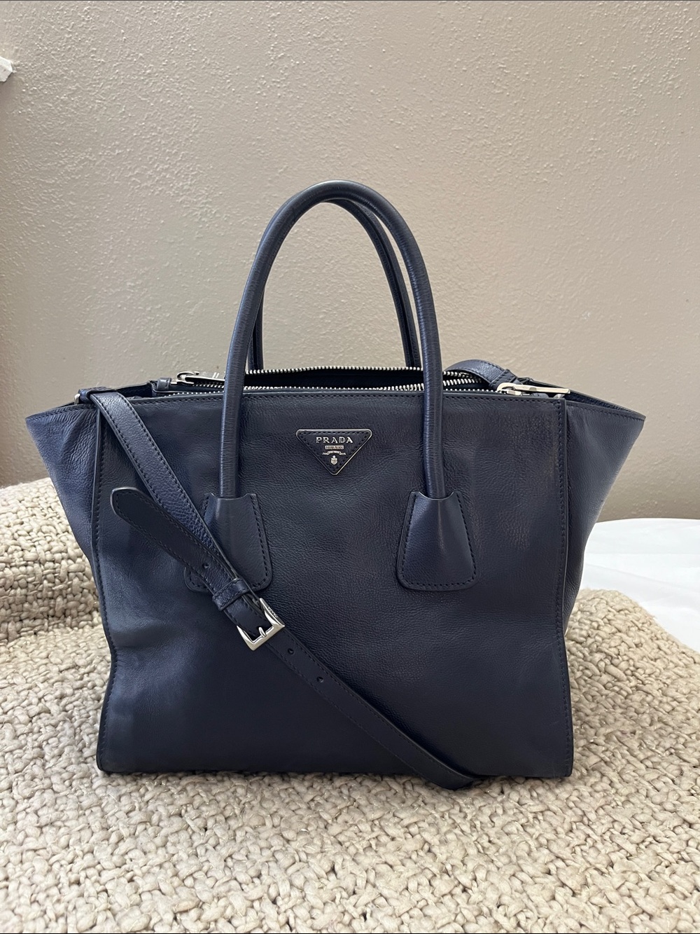 Prada Glace Calf Twin Pocket Double Handle Satchel / Tote in Baltico Blue